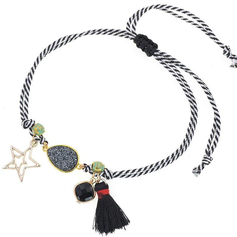 Boho Water Drop Anklets for Women Star Tassels Rope Chain Bracelet