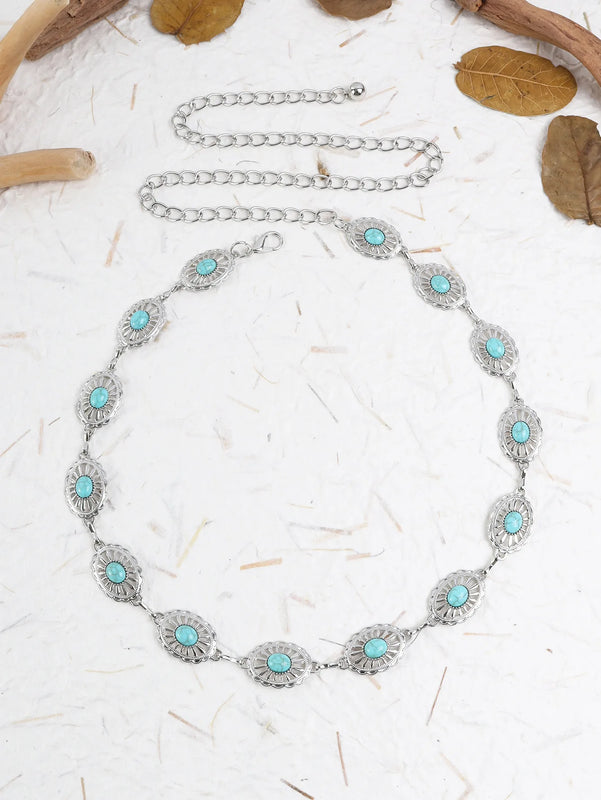 Western Turquoise Concho Belt Adjustable Metal Waist Chain Women's Accessories