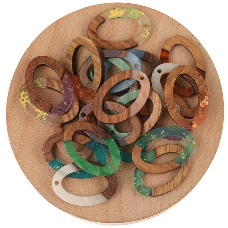 50Pcs Hand Made Oval Shape Wood Resin Charms Earring Findings Necklace Pendant