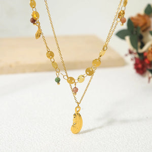 18K Plated Stainless Steel Layered Necklaces with Natural Stone Charm