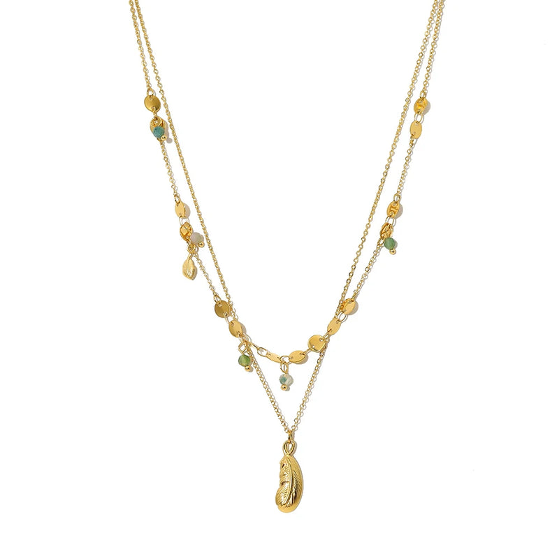 18K Plated Stainless Steel Layered Necklaces with Natural Stone Charm