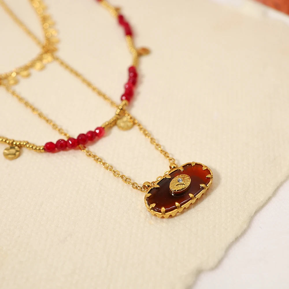 Boho Stainless Steel Charm Layered Necklaces Vintage Red Acrylic Beads Chains