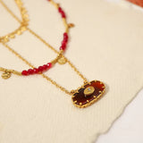 Boho Stainless Steel Charm Layered Necklaces Vintage Red Acrylic Beads Chains