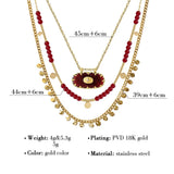 Boho Stainless Steel Charm Layered Necklaces Vintage Red Acrylic Beads Chains