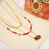 Boho Stainless Steel Charm Layered Necklaces Vintage Red Acrylic Beads Chains