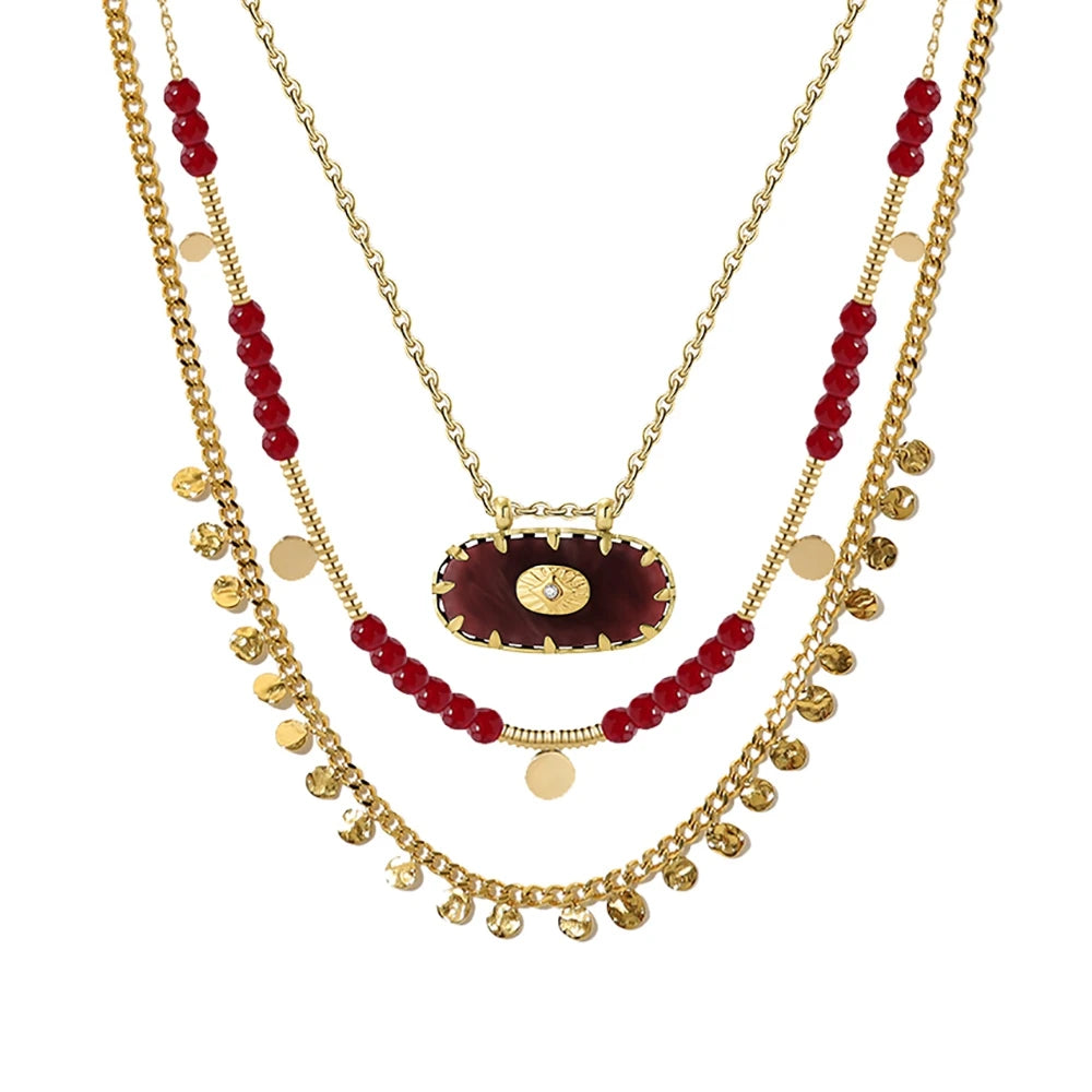 Boho Stainless Steel Charm Layered Necklaces Vintage Red Acrylic Beads Chains