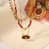Boho Stainless Steel Charm Layered Necklaces Vintage Red Acrylic Beads Chains