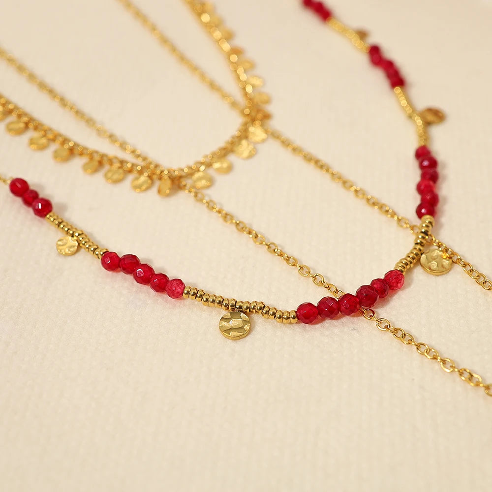 Boho Stainless Steel Charm Layered Necklaces Vintage Red Acrylic Beads Chains