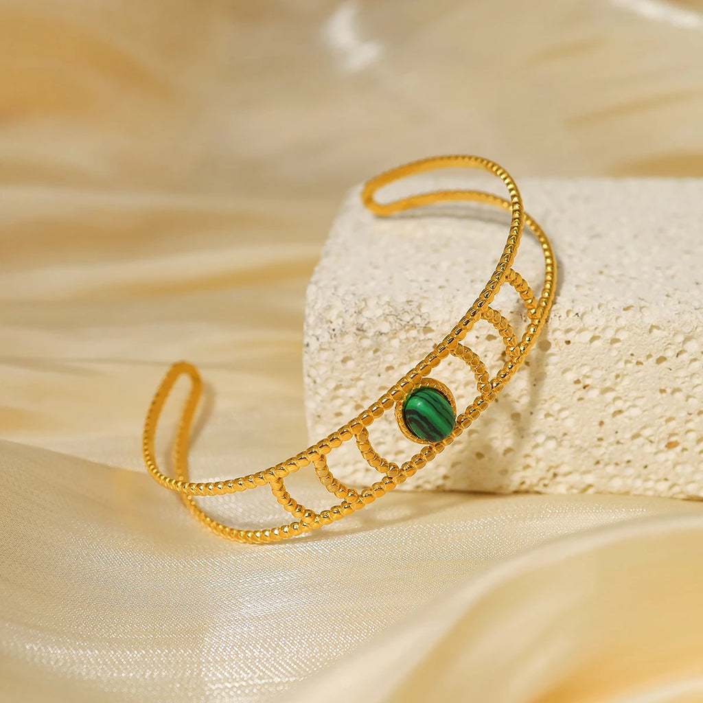 Vintage Malachite Stainless Steel Cuff Bracelet Green Bangle Jewelry