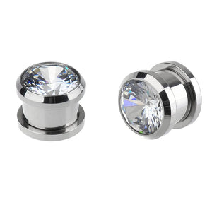 Stainless Steel CZ Screw Tunnels Ear Stretcher Plugs 3-16mm