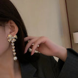 Rhinestone Pearl Bow Drop Earrings Tassel Dangle Pendientes Earring