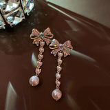 Rhinestone Pearl Bow Drop Earrings Tassel Dangle Pendientes Earring