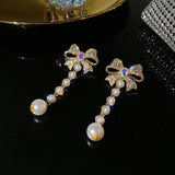 Rhinestone Pearl Bow Drop Earrings Tassel Dangle Pendientes Earring
