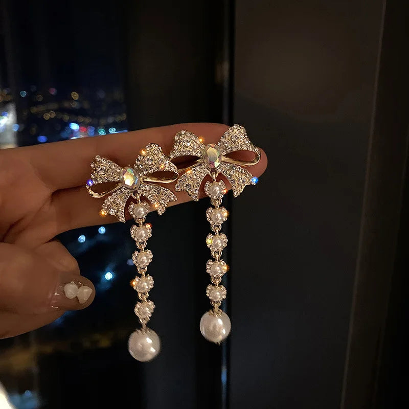 Rhinestone Pearl Bow Drop Earrings Tassel Dangle Pendientes Earring