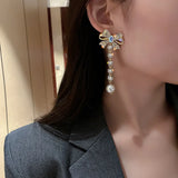 Rhinestone Pearl Bow Drop Earrings Tassel Dangle Pendientes Earring