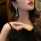 Rhinestone Pearl Bow Drop Earrings Tassel Dangle Pendientes Earring