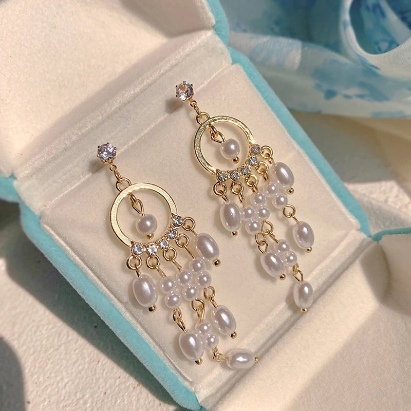 Vintage Pearl Drop Earrings Rhinestone Tassel Jewelry