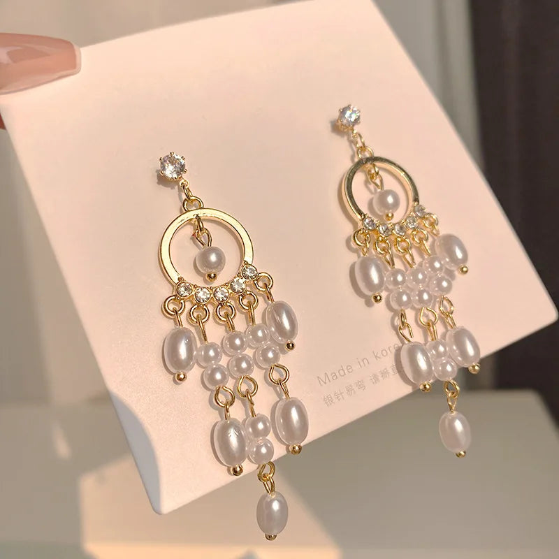 Vintage Pearl Drop Earrings Rhinestone Tassel Jewelry