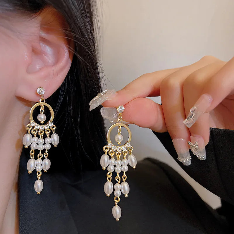 Vintage Pearl Drop Earrings Rhinestone Tassel Jewelry