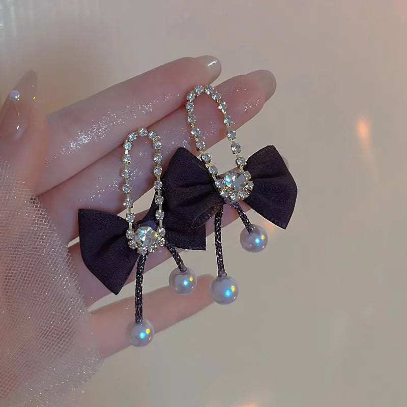 Vintage Bow-knot Rhinestone Earrings Pearl Drop Wedding Gift