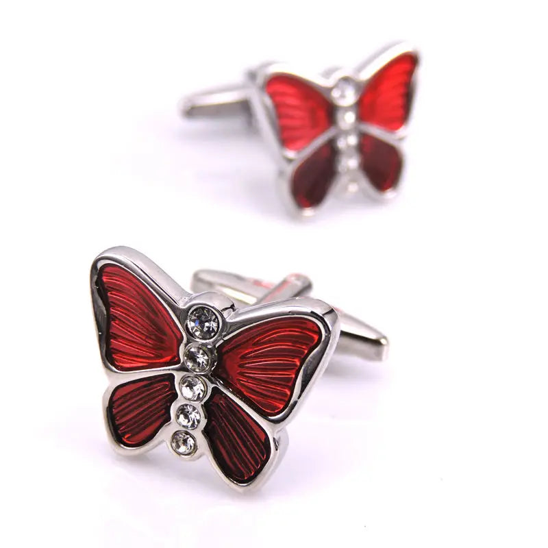 Red Butterfly Cufflinks, High-Grade Crystal Enamel Insect Design