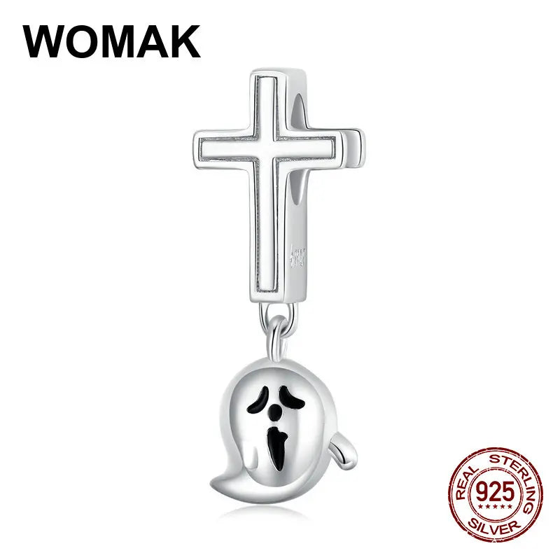 925 Silver Halloween Ghost Charm Cross Beads for Bracelet Pendant DIY Jewelry