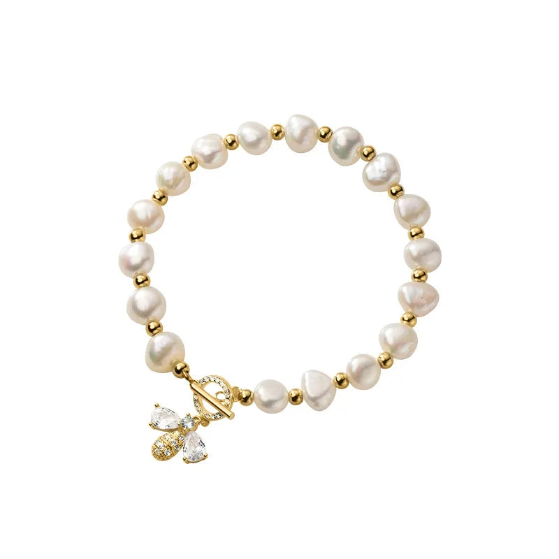 925 Silver Pearl Bee Zircon OT Bracelet Wedding Jewelry