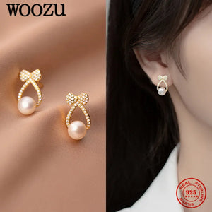 925 Silver Bow Pearl Crystal Stud Earrings Punk Girl Jewelry
