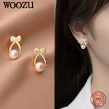925 Silver Bow Pearl Crystal Stud Earrings Punk Girl Jewelry
