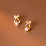 925 Silver Bow Pearl Crystal Stud Earrings Punk Girl Jewelry