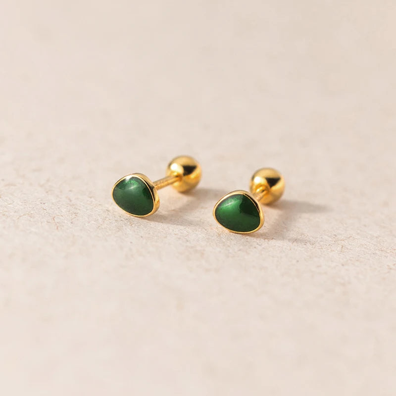 925 Silver Green Enamel Screw Bead Stud Earrings Women Baby Mini Small Piercing