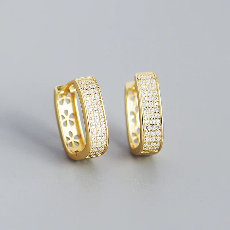 925 Silver French Pave Zircon Hoop Earrings Geometric Rock Charm Jewelry