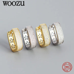 925 Silver French Pave Zircon Hoop Earrings Geometric Rock Charm Jewelry