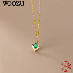 925 Silver Green Crystal Zircon Pendant Necklace Women Jewelry