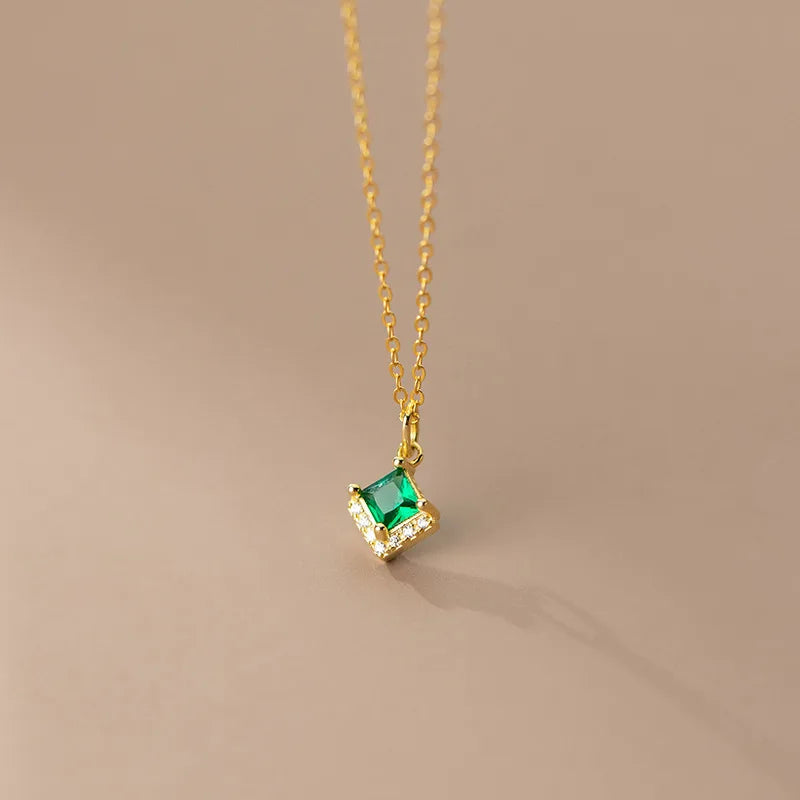 925 Silver Green Crystal Zircon Pendant Necklace Women Jewelry