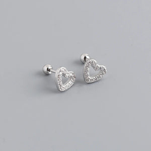 925 Silver Love Heart Stud Earrings Zirconia Pierced Ear Bone Jewelry