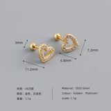 925 Silver Love Heart Stud Earrings Zirconia Pierced Ear Bone Jewelry