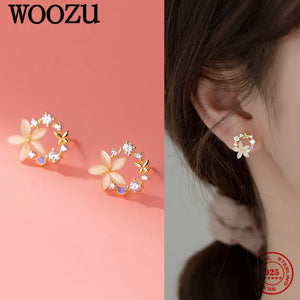 925 Silver Flower Crystal Stud Earrings Sweet Girl Jewelry