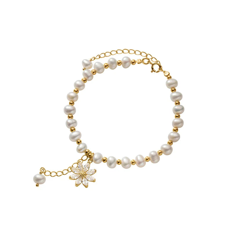 925 Silver Baroque Pearls Flower CZ Charm Bracelets Wedding Gift
