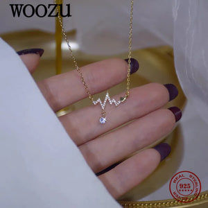 925 Silver Wave Love Zircon Pendant Necklace Plated 14k