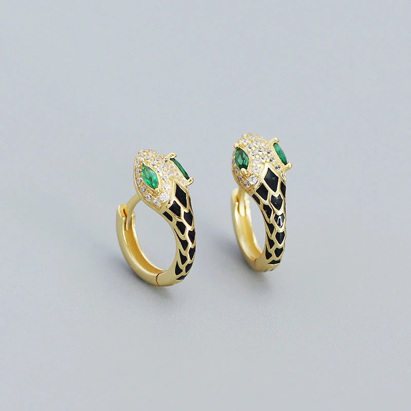 925 Silver Green Zircon Snake Huggie Hoop Earrings