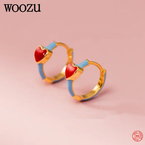 925 Silver Red Enamel Heart Hoop Earrings Daily Wear Gift