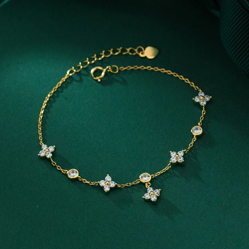 925 Silver Zircon Flower Bracelet Wedding Charms Jewelry