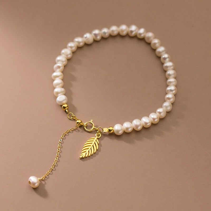 925 Silver Freshwater Pearl Leaf Bracelet Wedding Jewelry Gift