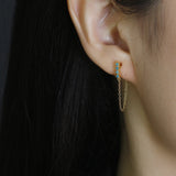 925 Silver Green Zircon Bar Chain Earrings for Women Daily Wear