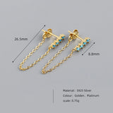 925 Silver Green Zircon Bar Chain Earrings for Women Daily Wear