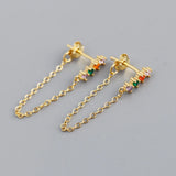 925 Silver Green Zircon Bar Chain Earrings for Women Daily Wear