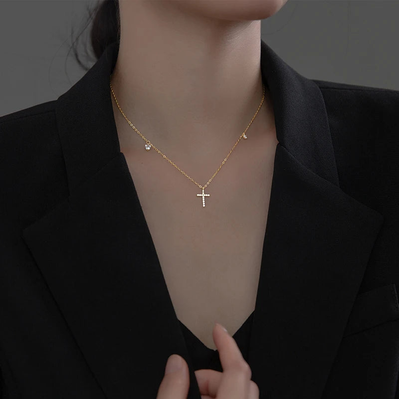 925 Sterling Silver Vintage Cross Zircon Pendant Necklace for Women