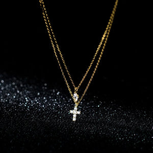 Vintage Double Chain Cross Stone Pendientes Necklace for Women