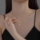 Vintage Double Chain Cross Stone Pendientes Necklace for Women